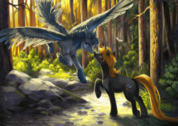 Size: 1920x1356 | Tagged: safe, artist:catofrage, oc, oc only, pegasus, pony, unicorn, detailed background, duo, flying, forest, nuzzling, river, spread wings, stream, water, wings