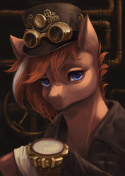 Size: 1920x2716 | Tagged: safe, artist:catofrage, oc, oc only, earth pony, pony, clothes, coat, goggles, goggles on head, hat, solo, steampunk, top hat, watch, wristwatch