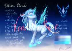 Size: 1920x1357 | Tagged: safe, artist:catofrage, oc, oc only, oc:silver cloud, pony, unicorn, artificial wings, augmented, female, magic, magic wings, mare, reference sheet, solo, wings
