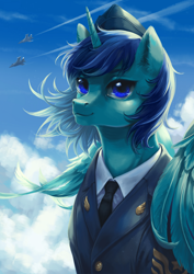 Size: 1920x2716 | Tagged: safe, artist:catofrage, oc, oc only, alicorn, pony, alicorn oc, clothes, cloud, horn, jet, jet fighter, military uniform, necktie, solo, uniform, wings