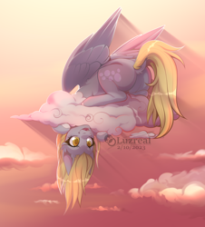Size: 1662x1836 | Tagged: safe, artist:luzreal, derpy hooves, pegasus, pony, g4, bubble butt, butt, cloud, cross-eyed, cute, derpabetes, dock, female, looking at you, mare, open mouth, open smile, plot, silly, smiling, smiling at you, solo, tail, upside down