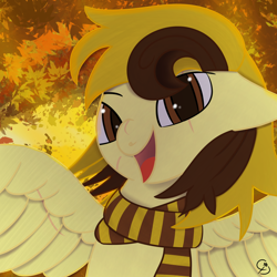 Size: 1024x1024 | Tagged: safe, artist:countderpy, oc, oc only, oc:countess sweet bun, pegasus, pony, autumn, clothes, falling leaves, leaves, scar, scarf, solo, spread wings, striped scarf, wings