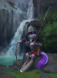 Size: 1500x2048 | Tagged: safe, artist:koviry, oc, oc only, oc:pronoiar glimmer, earth pony, pony, armor, arrow, bow (weapon), commission, quiver, sitting, solo, spear, unshorn fetlocks, water, waterfall, weapon