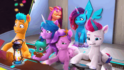 Size: 600x338 | Tagged: safe, screencap, hitch trailblazer, izzy moonbow, misty brightdawn, pipp petals, sparky sparkeroni, sunny starscout, zipp storm, dragon, earth pony, pegasus, pony, unicorn, g5, my little pony: make your mark, my little pony: make your mark chapter 6, the isle of scaly, spoiler:g5, spoiler:my little pony: make your mark chapter 6, spoiler:mymc06e01, animated, baby, baby dragon, female, gif, hope lantern, lantern, male, mane five, mane six (g5), mane stripe sunny, mare, marestream, one of these things is not like the others, rebirth misty, rocking, stallion, turbulence, woah