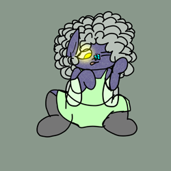 Size: 2000x2000 | Tagged: safe, artist:esme489, derpibooru exclusive, oc, oc only, oc:mystic spark, butterfly, baby, curly hair, female, filly, foal, green dress, high res, long ears, simple background, sitting, white hair, yellow eyes