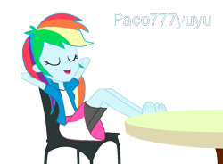 Size: 1252x920 | Tagged: safe, artist:paco777yuyu, rainbow dash, equestria girls, g4, barefoot, confident, feet, feet up, female, fetish, foot fetish, foot focus, goddess, simple background, solo