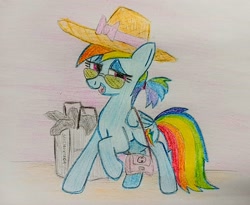 Size: 3577x2935 | Tagged: safe, artist:dhm, rainbow dash, pegasus, pony, g4, colored, colored pencil drawing, faic, hat, high res, shopping, smug, smugdash, solo, traditional art