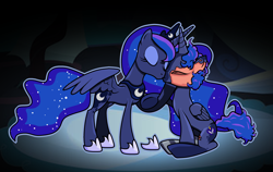 Size: 3000x1899 | Tagged: safe, artist:objectyu, princess luna, oc, oc:eclipse cinaed, alicorn, pony, art pack:legacyyu, g4, clothes, eyes closed, female, hoof shoes, kiss on the lips, kissing, male, mother and child, mother and son, offspring, parent:princess luna, sitting, socks, striped socks