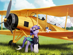 Size: 2000x1500 | Tagged: safe, artist:inowiseei, oc, oc only, bat pony, original species, pony, shark, shark pony, aviator goggles, biplane, clothes, ear piercing, earring, goggles, headphones, jacket, jewelry, piercing, plane, plushie, solo