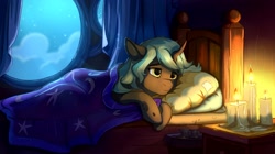 Size: 2849x1600 | Tagged: safe, artist:rutkotka, oc, oc only, oc:chrys, changeling, changeling queen, bed, candle, changeling queen oc, commission, crepuscular rays, fanfic art, female, in bed, night, solo