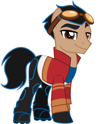 Size: 1184x1408 | Tagged: safe, artist:muhammad yunus, artist:pandaspiner, earth pony, pony, g4, base used, clothes, eyebrows, generator rex, goggles, goggles on head, jacket, looking at you, male, pants, ponified, rex salazar, shoes, simple background, skin, skirt, smiling, smiling at you, solo, topwear, transparent background