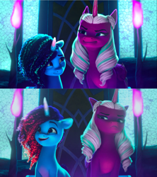 Size: 1650x1856 | Tagged: safe, edit, edited screencap, screencap, misty brightdawn, opaline arcana, alicorn, pony, unicorn, g5, my little pony: make your mark, my little pony: make your mark chapter 4, my little pony: make your mark chapter 5, spoiler:g5, comparison, female, fire, happy, intro, nervous, opaline arcana is not amused, rebirth misty, unamused