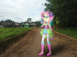 Size: 1200x898 | Tagged: safe, artist:mazakbar567, fluttershy, human, equestria girls, g4, my little pony equestria girls: legend of everfree, boots, crystal guardian, crystal wings, equestria girls in real life, female, high heel boots, indonesia, irl, looking up, photo, shoes, solo, street, super ponied up, wings