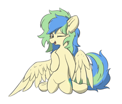 Size: 4258x3634 | Tagged: safe, alternate version, artist:hcl, oc, oc only, oc:hcl, pegasus, pony, kneeling, one eye closed, simple background, solo, white background, wink