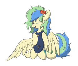 Size: 4258x3634 | Tagged: safe, alternate version, artist:hcl, oc, oc only, oc:hcl, pegasus, pony, clothes, flower, flower in hair, kneeling, one eye closed, one-piece swimsuit, simple background, solo, swimsuit, white background, wink