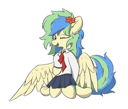 Size: 4258x3634 | Tagged: safe, alternate version, artist:hcl, oc, oc only, oc:hcl, pegasus, pony, clothes, flower, flower in hair, kneeling, one eye closed, sailor uniform, simple background, solo, uniform, white background, wink