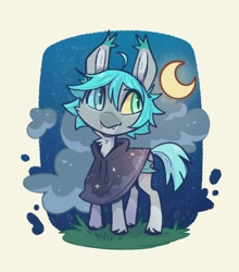 Size: 1280x1452 | Tagged: safe, artist:kazunekomori, oc, oc only, bat pony, pony, bat pony oc, cloak, clothes, crescent moon, heterochromia, moon, night, solo