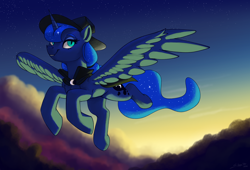 Size: 2500x1700 | Tagged: safe, artist:silverhopexiii, princess luna, alicorn, pony, g4, cape, clothes, cloud, female, flying, hat, mare, smiling, solo, spread wings, twilight (astronomy), wings, witch hat