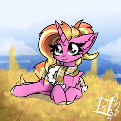 Size: 2000x2000 | Tagged: safe, artist:jubyskylines, luster dawn, pony, unicorn, g4, autumn, chest fluff, clothes, ear fluff, female, grass, high res, lying down, mare, scarf, smiling, solo, tongue out
