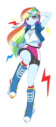 Size: 606x1368 | Tagged: artist needed, source needed, safe, rainbow dash, human, equestria girls, g4, clothes, compression shorts, female, looking at you, simple background, solo, white background, white pupils