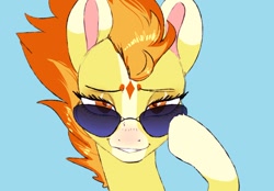 Size: 1198x833 | Tagged: safe, artist:woollyart, spitfire, pegasus, pony, g4, bedroom eyes, blaze (coat marking), blue background, blushing, coat markings, colored eartips, colored pinnae, facial markings, female, lidded eyes, looking at you, looking over glasses, looking over sunglasses, mare, mealy mouth (coat marking), seductive, seductive look, sexy, simple background, smiling, smiling at you, smirk, socks (coat markings), solo, stupid sexy spitfire, sunglasses