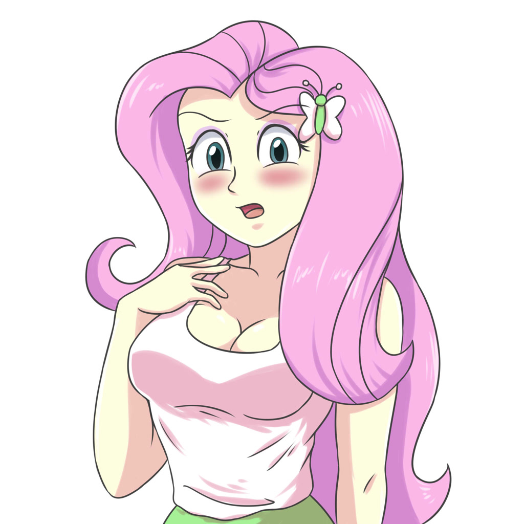 [blushing,breasts,cleavage,cute,equestria girls,female,fluttershy,g4,high res,human,looking at you,safe,simple background,solo,white background,shyabetes,artist:sumin6301,busty fluttershy]