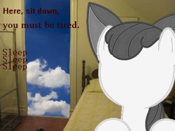 Size: 600x450 | Tagged: safe, apple bloom, earth pony, pony, g4, apple bloom's bow, bed, bedroom, blue sky, bow, creepy, dreamcore, faceless female, female, filly, foal, hair bow, irl, monochrome, no face, offscreen character, photo, red text, sky, text