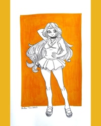 Size: 1080x1350 | Tagged: safe, artist:brother-tico, sunset shimmer, human, g4, arm behind head, clothes, dress, female, hand on hip, huevember, humanized, open-toed shoes, sandals, solo