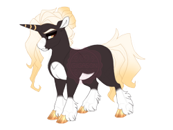 Size: 3600x2700 | Tagged: safe, artist:gigason, oc, oc only, oc:gold speck, pony, unicorn, blaze (coat marking), cloven hooves, coat markings, colored hooves, ear fluff, ears back, facial markings, fangs, golden eyes, gradient hooves, gradient mane, gradient tail, hair bun, high res, hoof polish, horn, lidded eyes, looking down, male, mealy mouth (coat marking), obtrusive watermark, pale belly, simple background, socks (coat markings), solo, stallion, standing, striped horn, tail, transparent background, unicorn oc, unshorn fetlocks, watermark, white belly, yellow eyes