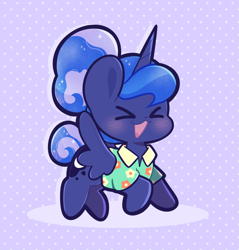 Size: 1629x1704 | Tagged: safe, artist:typhwosion, princess luna, alicorn, pony, between dark and dawn, g4, ><, alternate hairstyle, blushing, chibi, clothes, eyes closed, female, hawaiian shirt, mare, open mouth, patterned background, shirt, solo, spread wings, tail, tail bun, wings