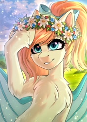 Size: 2728x3819 | Tagged: safe, artist:hakaina, oc, oc only, oc:sunshine drift, bat pony, pony, bat pony oc, bat wings, bow, chest fluff, fangs, female, floral head wreath, flower, flower in hair, hair bow, high res, mare, signature, smiling, solo, unshorn fetlocks, wings