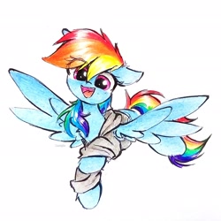 Size: 1924x1924 | Tagged: safe, artist:liaaqila, rainbow dash, pegasus, pony, g4, clothes, commission, cute, dashabetes, eye clipping through hair, female, flying, happy, hoodie, looking at you, mare, open mouth, open smile, signature, simple background, smiling, smiling at you, solo, spread wings, traditional art, white background, wings