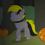 Size: 1000x1000 | Tagged: safe, artist:mrkm, oc, oc only, oc:lightpeace, earth pony, pony, ^^, animated, bush, collar, commission, dancing, earth pony oc, eyes closed, forest, fruit, gif, halloween, happy, holiday, jack-o-lantern, male, mlem, night, open mouth, pumpkin, silly, solo, stallion, tongue out, tree, trotting, trotting in place, unshorn fetlocks