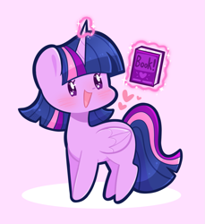 Size: 1633x1782 | Tagged: safe, artist:typhwosion, twilight sparkle, alicorn, pony, g4, book, chibi, female, magic, mare, open mouth, open smile, simple background, smiling, solo, telekinesis, that pony sure does love books, twilight sparkle (alicorn)
