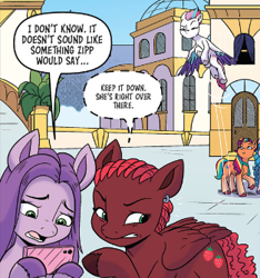 Size: 313x335 | Tagged: safe, artist:amy mebberson, idw, official comic, izzy moonbow, ruby june, sunny starscout, zipp storm, earth pony, pegasus, pony, unicorn, g5, spoiler:comic, spoiler:g5comic, spoiler:g5comic18, cornrows, cropped, dreadlocks, ear piercing, earring, female, jewelry, mare, offscreen character, piercing, solo focus, unnamed character, unnamed pony, unshorn fetlocks, whispering