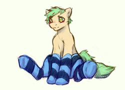 Size: 2985x2152 | Tagged: safe, artist:wrypony, oc, oc only, oc:krinflow, earth pony, pony, blushing, clothes, cute, high res, male, simple background, sitting, socks, solo, stallion, striped socks