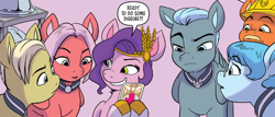 Size: 650x278 | Tagged: safe, artist:amy mebberson, idw, official comic, pipp petals, pegasus, pony, g5, spoiler:comic, spoiler:g5comic, spoiler:g5comic18, cornrows, cropped, ear piercing, earring, female, jewelry, male, mare, phone, piercing, stallion, unnamed character, unnamed pony