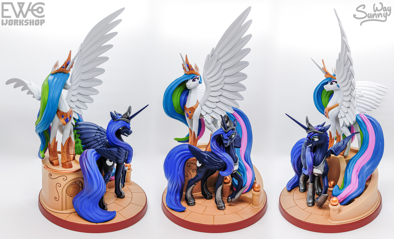 [3d print,alicorn,craft,crown,feather,female,feral,figurine,horn,irl,jewelry,long mane,mare,muscles,painting,photo,pony,princess,princess celestia,princess luna,safe,sculpture,stairs,statue,tail,wings,long tail,regalia,thin,one wing out,artwork,large wings,slim,peytral,hoof shoes,spread wings,princess shoes,artist:sunny way,long horn,sternocleidomastoid,artist:ewc workshop]
