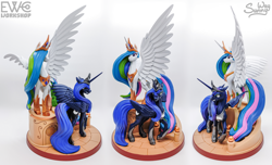 Size: 2000x1216 | Tagged: safe, artist:ewc workshop, artist:sunny way, princess celestia, princess luna, alicorn, pony, g4, 3d print, artwork, craft, crown, feather, female, figurine, fit, hoof shoes, horn, irl, jewelry, large wings, long horn, long mane, long tail, mare, muscles, one wing out, painting, peytral, photo, princess, princess shoes, regalia, sculpture, slender, spread wings, stairs, statue, sternocleidomastoid, tail, thin, wings