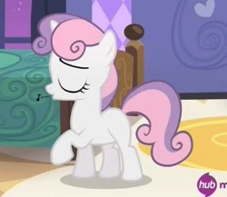 Size: 413x358 | Tagged: safe, edit, edited screencap, screencap, sweetie belle, pony, unicorn, for whom the sweetie belle toils, g4, cropped, eyes closed, female, music notes, raised hoof, solo, whistling