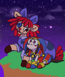 Size: 1611x1915 | Tagged: safe, artist:arky2000, doll pony, earth pony, hagwarders, object pony, original species, pony, bow, button, button eyes, cliff, clothes, crossover, cute, doll, dress, duo, duo female, female, gloves, hair bow, hat, hoof shoes, jester, jester hat, jester outfit, living doll, mare, mismatched eyes, night, open mouth, pomni, ponified, ponmi, ragatha, ragdoll, stars, the amazing digital circus, toy
