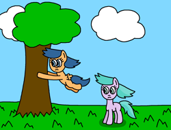 Size: 1676x1280 | Tagged: safe, artist:gillianthecreator36, aura (g4), first base, earth pony, pegasus, pony, fanfic:the fillies' best picnic ever, g4, adorabase, aura is not amused, aurabetes, backyard, best friends, blank flank, cloud, cute, duo, duo female, female, field, filly, first base is not amused, floating, floating wings, foal, friends, frown, girly girl, grass, grass field, ms paint, outdoors, paint.net, pegasus first base, race swap, sky, story, tail, tomboy, tree, unamused, what has magic done, wind, windswept hair, windswept mane, windswept tail, wings