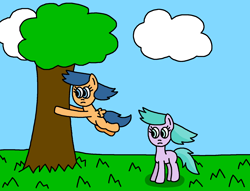 Size: 1676x1280 | Tagged: safe, artist:gillianthecreator36, aura (g4), first base, earth pony, pegasus, pony, fanfic:the fillies' best picnic ever, g4, adorabase, aura is not amused, aurabetes, backyard, best friends, blank flank, cloud, cute, duo, duo female, female, field, filly, first base is not amused, floating, floating wings, foal, friends, frown, girly girl, grass, grass field, ms paint, outdoors, paint.net, pegasus first base, race swap, rule 63, sky, story, tail, tomboy, tree, unamused, what has magic done, wind, windswept hair, windswept mane, windswept tail, wings