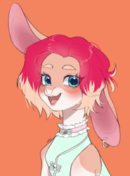 Size: 1970x2658 | Tagged: safe, artist:ruru_01, oc, oc only, earth pony, hybrid, original species, pony, bunny ears, bust, chinese dress, clothes, collar, commission, dress, ear piercing, earring, floppy ears, jewelry, looking at you, looking back, looking back at you, orange background, piercing, short hair, simple background, smiling, smiling at you, solo