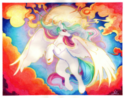 Size: 4029x3165 | Tagged: safe, artist:slimeprints, princess celestia, alicorn, pony, g4, absurd file size, cloud, colored pencil drawing, female, flying, high res, horn, mare, missing cutie mark, mixed media, solo, sun, traditional art, watercolor painting, wings