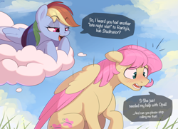 Size: 3875x2803 | Tagged: safe, artist:nookprint, fluttershy, rainbow dash, pegasus, pony, g4, all the mares tease butterscotch, blushing, butterscotch, cloud, colored wings, concave belly, dialogue, duo, emanata, eyebrows, eyebrows visible through hair, female, floppy ears, high res, implied flarity, implied half r63 shipping, implied rariscotch, implied rarity, implied shipping, implied straight, male, on a cloud, open mouth, open smile, rule 63, sexual harassment, smiling, speech bubble, sweat, sweatdrops, teasing, two toned wings, wings