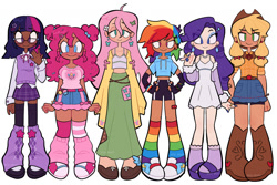 Size: 1613x1080 | Tagged: safe, artist:julie.ghouls, part of a set, applejack, fluttershy, pinkie pie, rainbow dash, rarity, twilight sparkle, human, g4, clothes, converse, dark skin, female, human coloration, humanized, light skin, mane six, moderate dark skin, pale skin, pigeon toed, rainbow socks, shoes, simple background, socks, striped socks, tallershy, tan skin, white background