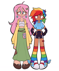 Size: 1080x1302 | Tagged: safe, artist:julie.ghouls, part of a set, fluttershy, rainbow dash, human, g4, clothes, converse, duo, female, humanized, light skin, moderate dark skin, pigeon toed, rainbow socks, shoes, simple background, socks, striped socks, tallershy, white background