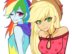 Size: 1668x1251 | Tagged: safe, artist:zicaibiaofantuan, applejack, rainbow dash, human, equestria girls, g4, bare shoulders, breasts, busty applejack, cleavage, clothes, duo, eye clipping through hair, eyebrows, eyebrows visible through hair, female, freckles, hat, hoodie, humanized, looking at you, off shoulder, one eye closed, simple background, smiling, white background, wink