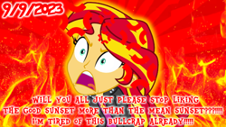 Size: 1600x900 | Tagged: safe, artist:evilasio, sunset shimmer, equestria girls, g4, my little pony equestria girls, angry response, fiery shimmer, fire, hate art, message, opinion, rage, rant, response, sympathy for the devil, unpopular opinions